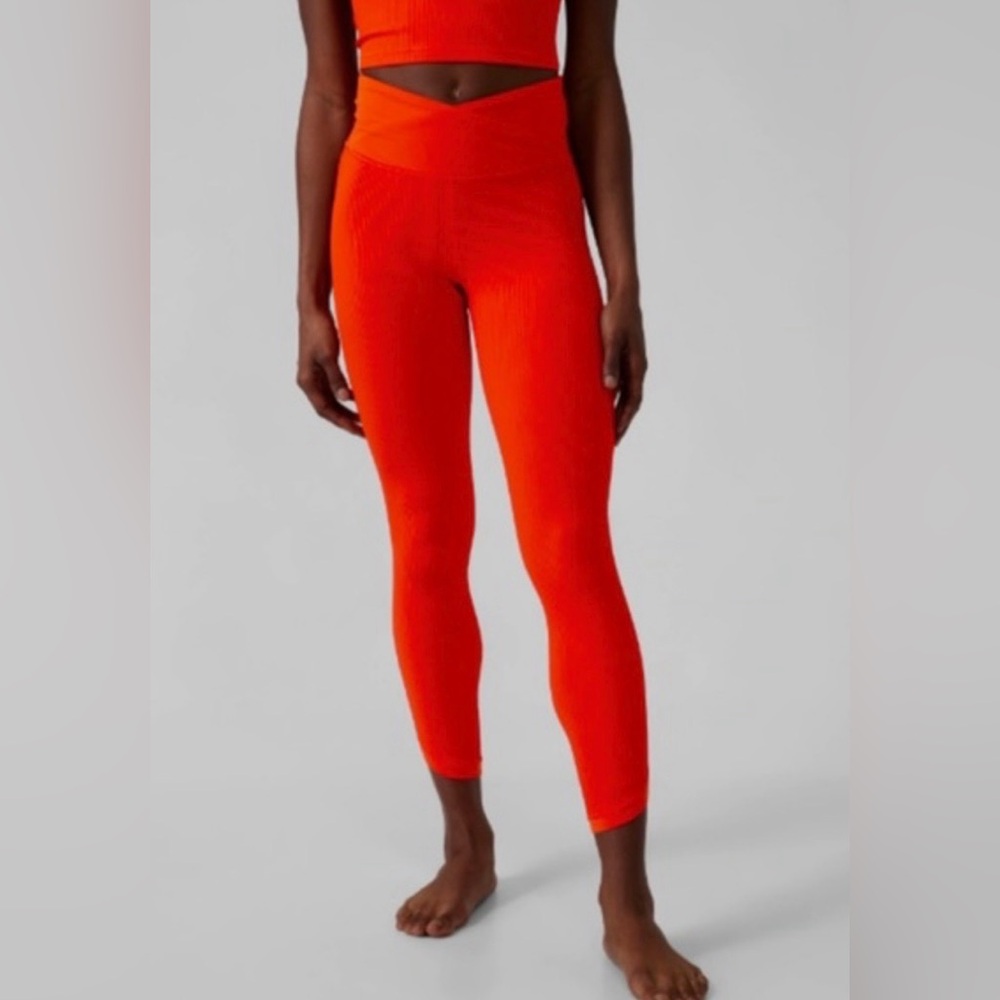 Athleta Elation Crossover Rib 7/8 Tight in “Flame Orange”